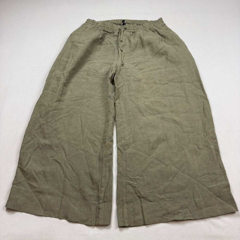European Culture Royal Dye Olive Green Linen Blend Wide Leg Pant Made in Italy M